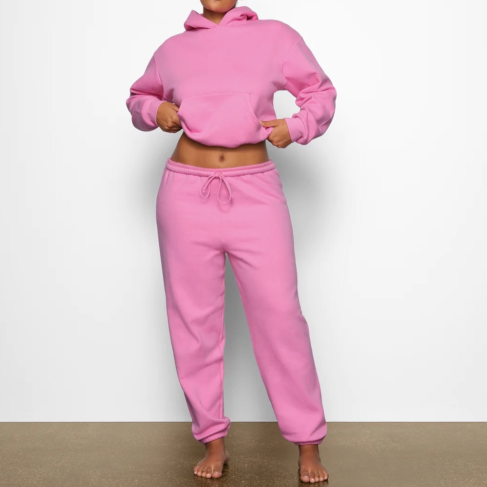 Skims Bubble Gum Pink Cotton Fleece Hoodie and Joggers Set - Size S